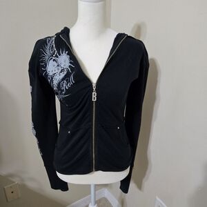 Bejeweled Black Graphic Zip-Up Hoodie with Long Sleeves and Fitted Style